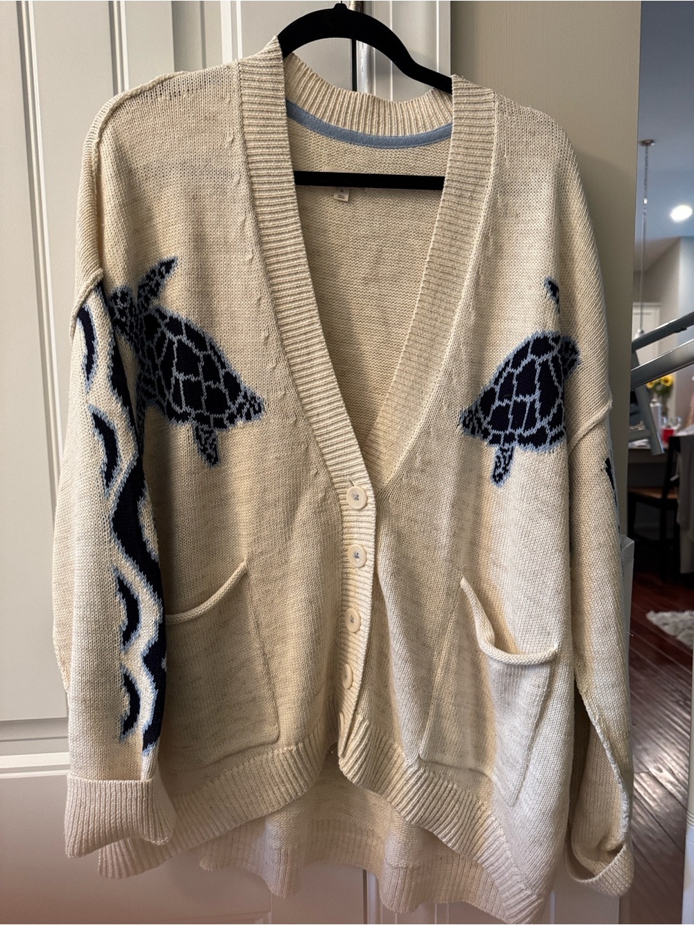 Pilcro Cream Cardigan with Navy Turtle